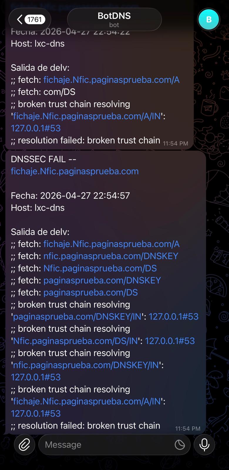 Notificación de Telegram con alerta DNSSEC